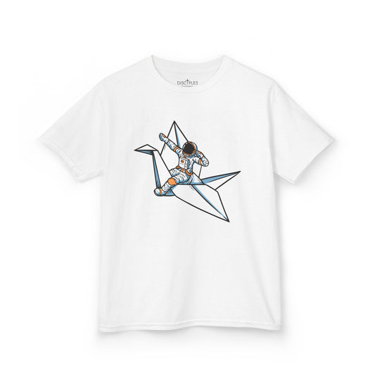 On the front of this custom kids t-shirt is an image of a astronaut flying on a paper plane.
