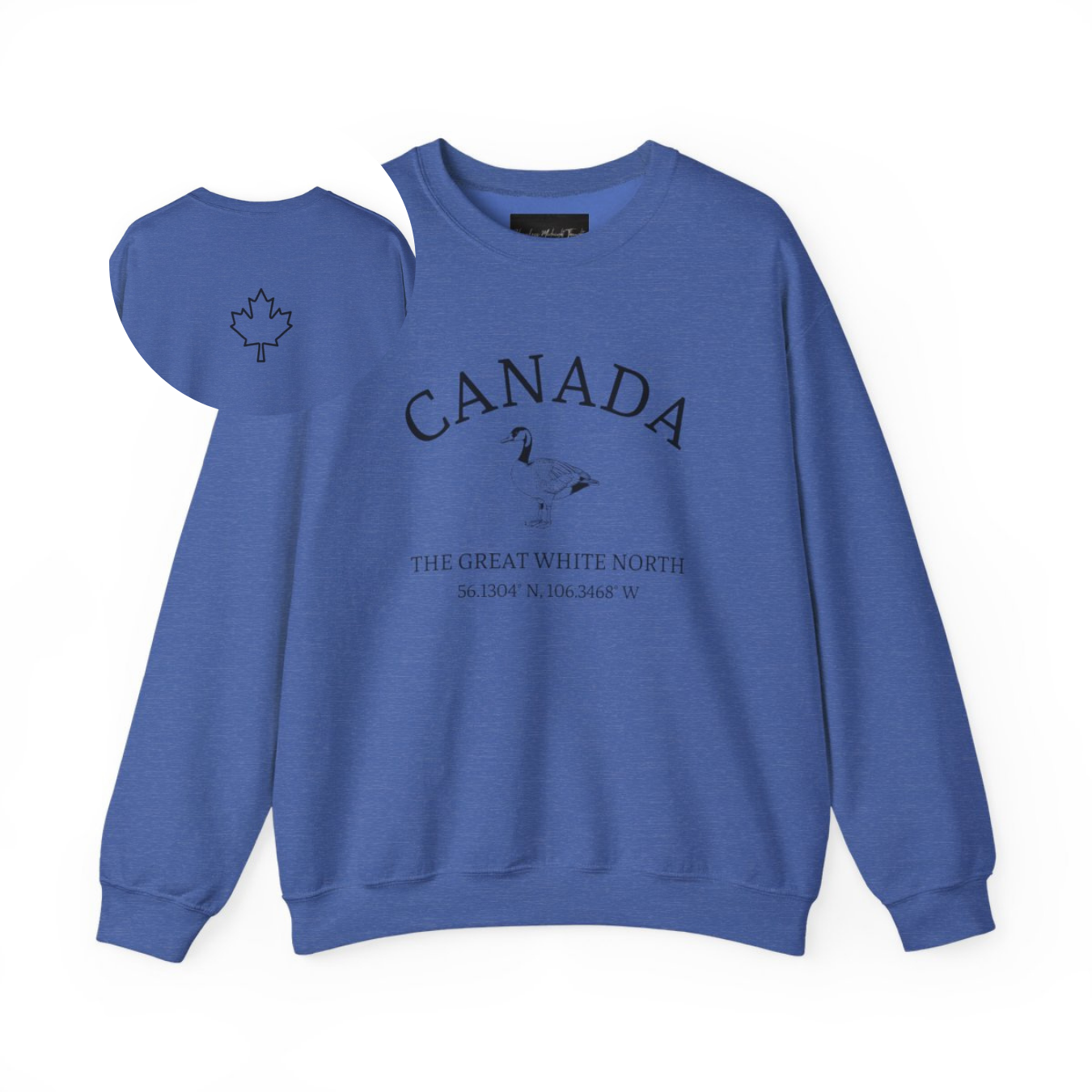 On the front of this unisex super soft Canadian sweatshirt is the word Canada in large text on the top with an image of a Canadian Goose underneath. Under the Goose are the words The Great White North with Canada's geological location under that.