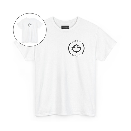 On the front of this custom short sleeve shirt is a circle on the upper left chest of the shirt with the words Made In Canada with a maple leaf in the middle, on the back of the shirt is a maple leaf right in between the shoulder blades.