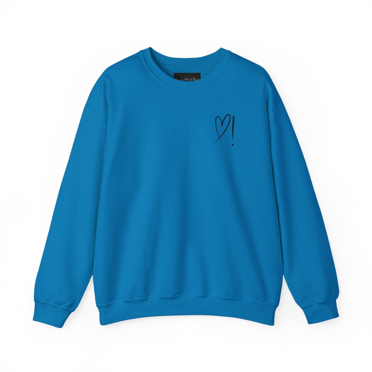 A handmade unisex oversized pullover sweatshirt with a crewneck, on the front left chest of the sweater in white is a heart with an exclamation point on the left hand side if the heart