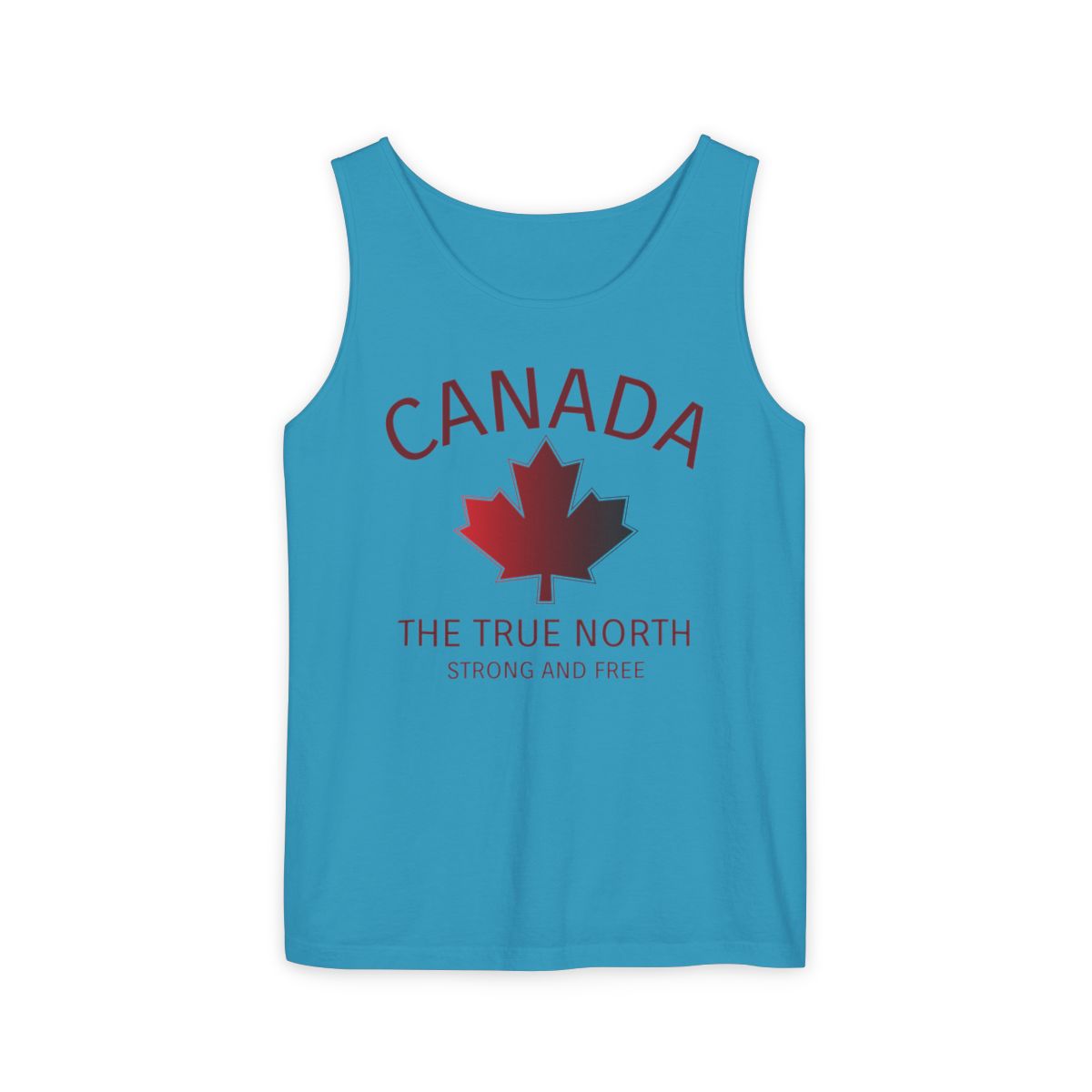 This custom unisex tank top has the word Canada in large block letters in a half circle on the top with a maple leaf underneath that, then under the the maple leaf are the words The True North Strong And Free in the same font, everything is a bright red color like the Canadian flag.