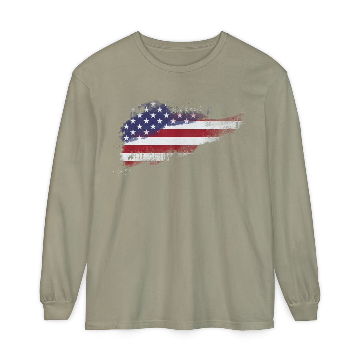 On the front of this super soft unisex long sleeve t-shirt is a vintage image of the United States of America Flag that looks like it has been scratched onto the shirt, this long sleeve tee is perfect for the 4th of July and patriotic individuals.
