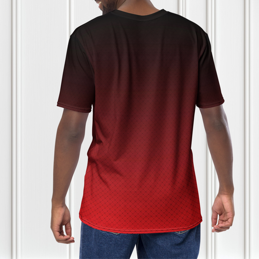 This entirely custom men's handmade short sleeve shirt has an ombre pattern with the top of the shirt being black then it fading to red at the bottom, there is a black diamond pattern overlayed on the top.