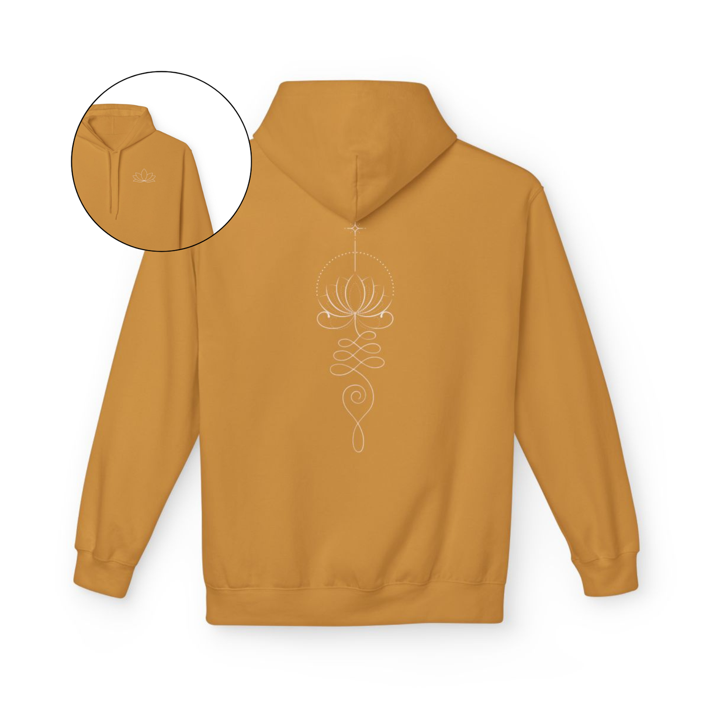 On the back of this custom women's hoodie is a unalome design with a lotus flower in the center of it, the design takes up the entire back of the hoodie from the top to the bottom, on the from of the hoodie, over the left chest is a image of a lotus flower.