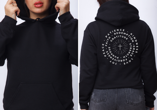 This custom Christian hoodie features a unique design on the back with a centered cross surrounded by circles of words such as Gratitude, Redemption, Patience, Joy, Love, Kindness, Peace, Faith, Forgiveness, Grace, Purpose and Strength.