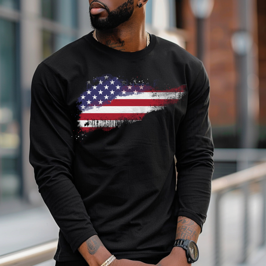 On the front of this super soft unisex long sleeve t-shirt is a vintage image of the United States of America Flag that looks like it has been scratched onto the shirt, this long sleeve tee is perfect for the 4th of July and patriotic individuals.