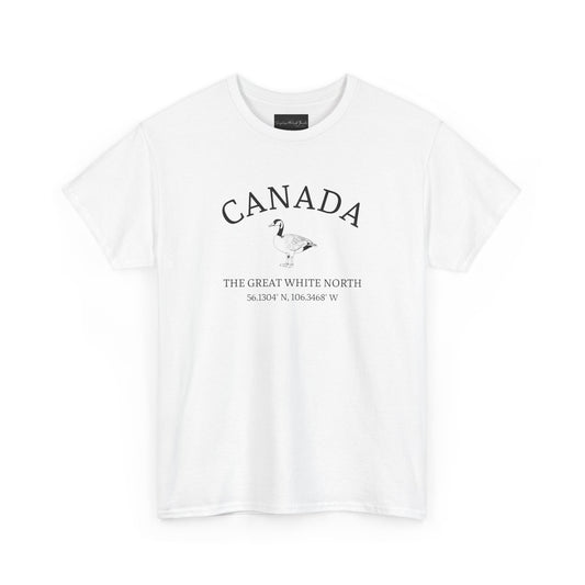 On the front of this patriotic short sleeve shirt is an image of a Canadian Goose with the word Canada above it in a half circle, the words "The Great White North" are underneath the image with Canada's coordinates underneath that.