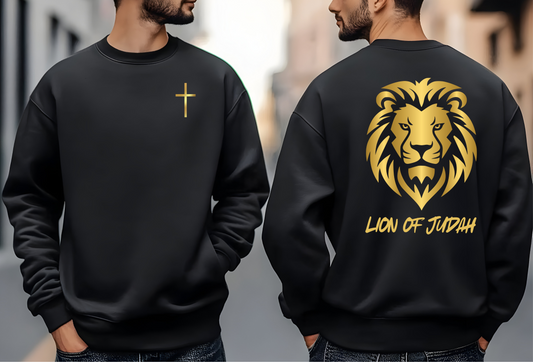On the front of this custom Christian sweater is a gold Jesus cross on the front left chest, on the back of the pullover is a large gold male lion head with the words Lion of Judah in gold underneath the animal head.