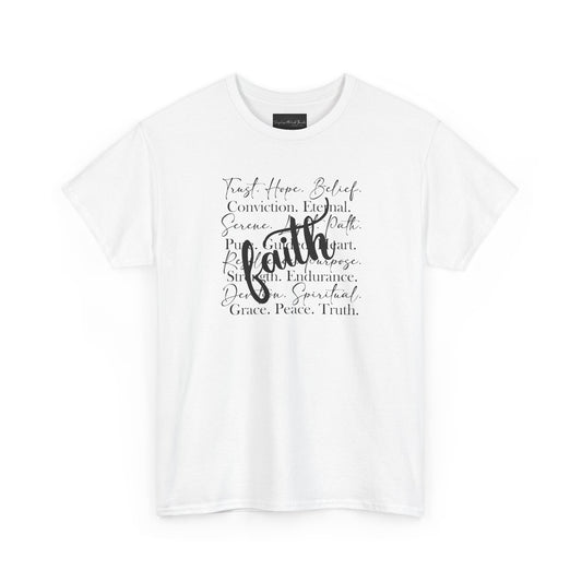On the front of this custom Christian t-shirt are all the words that represent faith such as grace, conviction, endurance, purpose, trust, hope and many more, the word Faith is superimposed overtop.