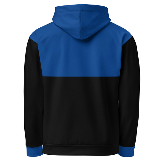 A custom unisex hand sewn hoodie with the top half along with the front pocket being a bright blue color, the rest of the hoodie is black in color,