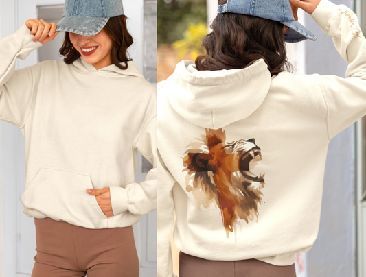 This custom Christian unisex hoodie features a image of a majestic male lion roaring with a Jesus cross overlayed overtop of the lion on the back of the hoodie, the bible verse Have No Fear Psalms 27:1 is on the right sleeve in gold cursive font.