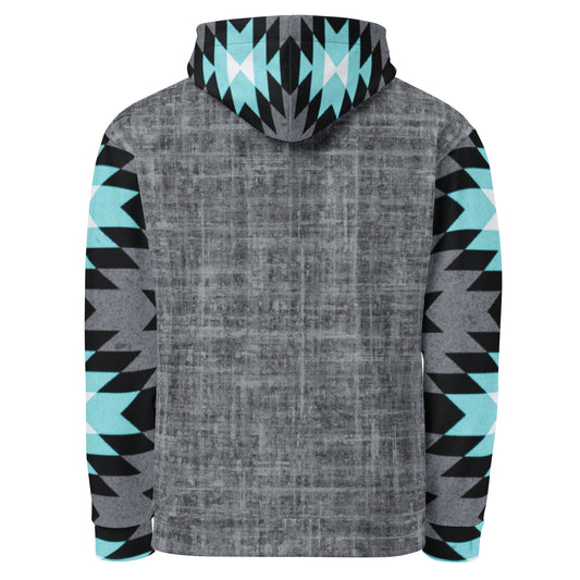 A custom unisex handmade hoodie with the front and the back of the hoodie being a washed grey pattern with the sleeves, hood and the front kangaroo pocket is a blue, black, grey and white Aztec western pattern that really pop next to the grey.