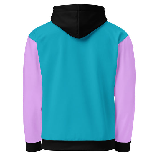 A custom handmade unisex pullover hoodie that has a bright turquoise blue front and back with a lilac purple front kangaroo pocket and sleeves, the cuffs of the sleeves and the bottom cuff are all black along with the hood and the strings as well are black in color.