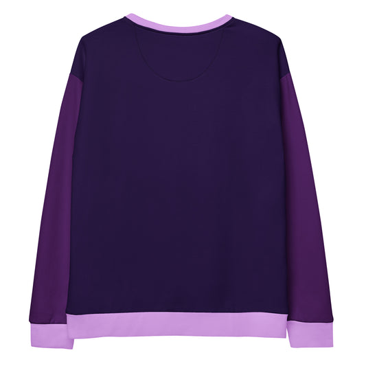 This unisex sweatshirt features a gradient of purple shades, with dark grape on the front and back, bright purple sleeves, and orchid purple collar, cuffs, and waistband.