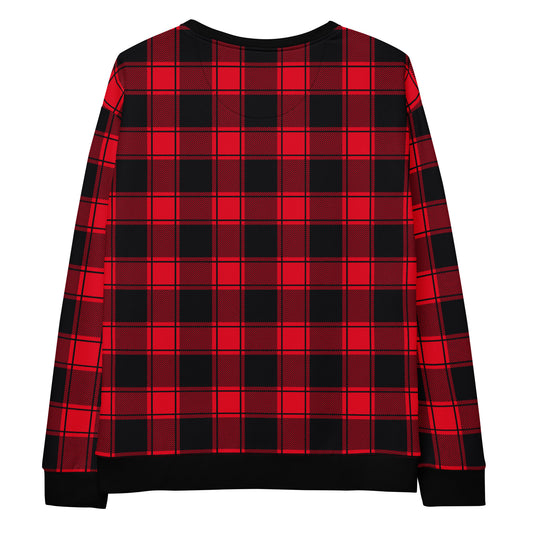 This custom handmade Christmas sweater is red and black plaid with black cuffs, waistband and neckline that makes the sweater stand out even more. Perfect for matching family Christmas morning sweaters.