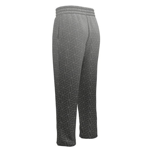 A pair of custom wide leg grey ombre wide leg joggers, it starts as a lighter grey at the top then fades to a dark grey at the bottom, there is a white diamond pattern overlayed on the top of the pants.