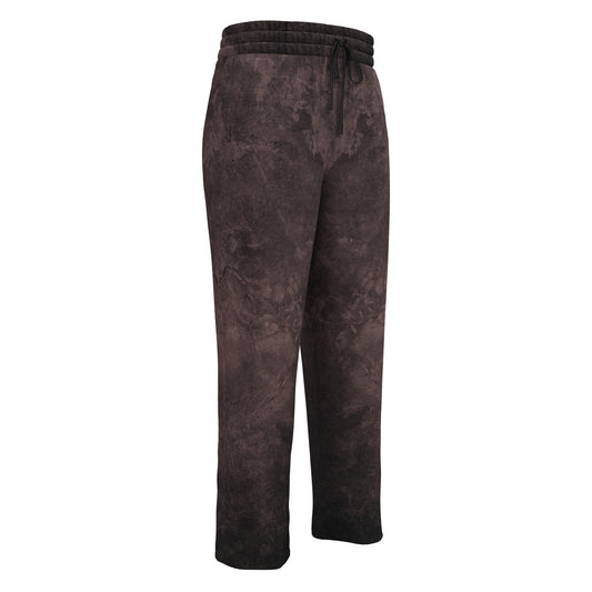 A pair of custom wide leg joggers that have a dark washed brown pattern all over the pants and come with a black string around the waistband.
