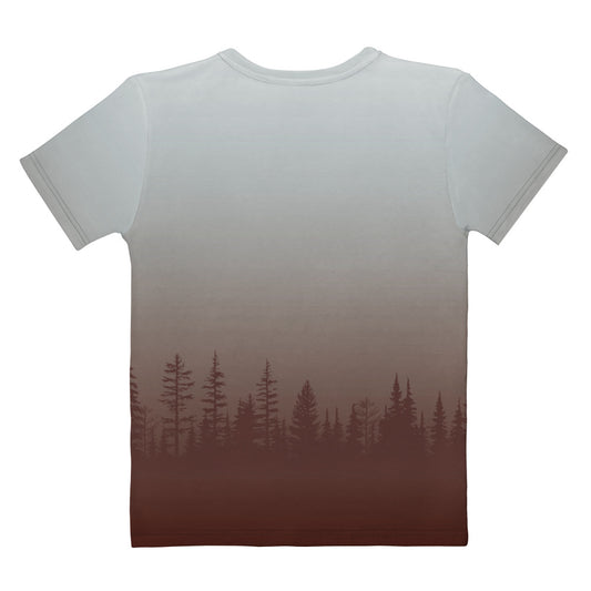 This custom handmade women's short sleeve shirt has an ombre pattern with the bottom of the shirt being a solid maroon color then it fading to a light grey by the time it gets to the neckline, right when the color changes from maroon to grey there are a row of maroon colored pine trees fading into the grey.