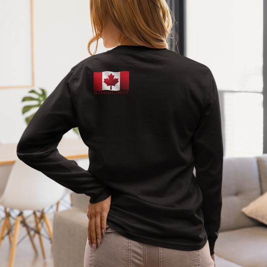 On the back left shoulder blade of this unisex long sleeve shirt is a red Canadian flag that has the words In God We trust underneath the flag, perfect for those wishing to represent God and their country.