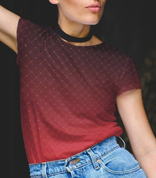 This completely custom women's shirt has a ombre pattern with it starting as a deep crimson red at the neckline of the shirt then fading to a bright red at the waistline, there is a crisscross pattern overlayed on the top in a light red color that makes the design look like it is glowing.