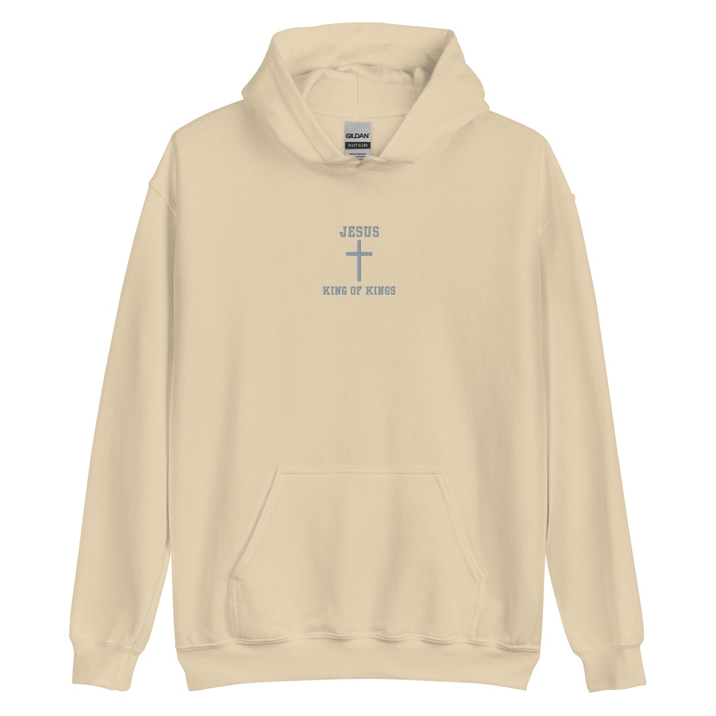 On the front of this custom embroidered unisex hooded sweatshirt are the words Jesus King of Kings with a Jesus cross in the center embroidered into the upper middle of the hoodie in silver thread.