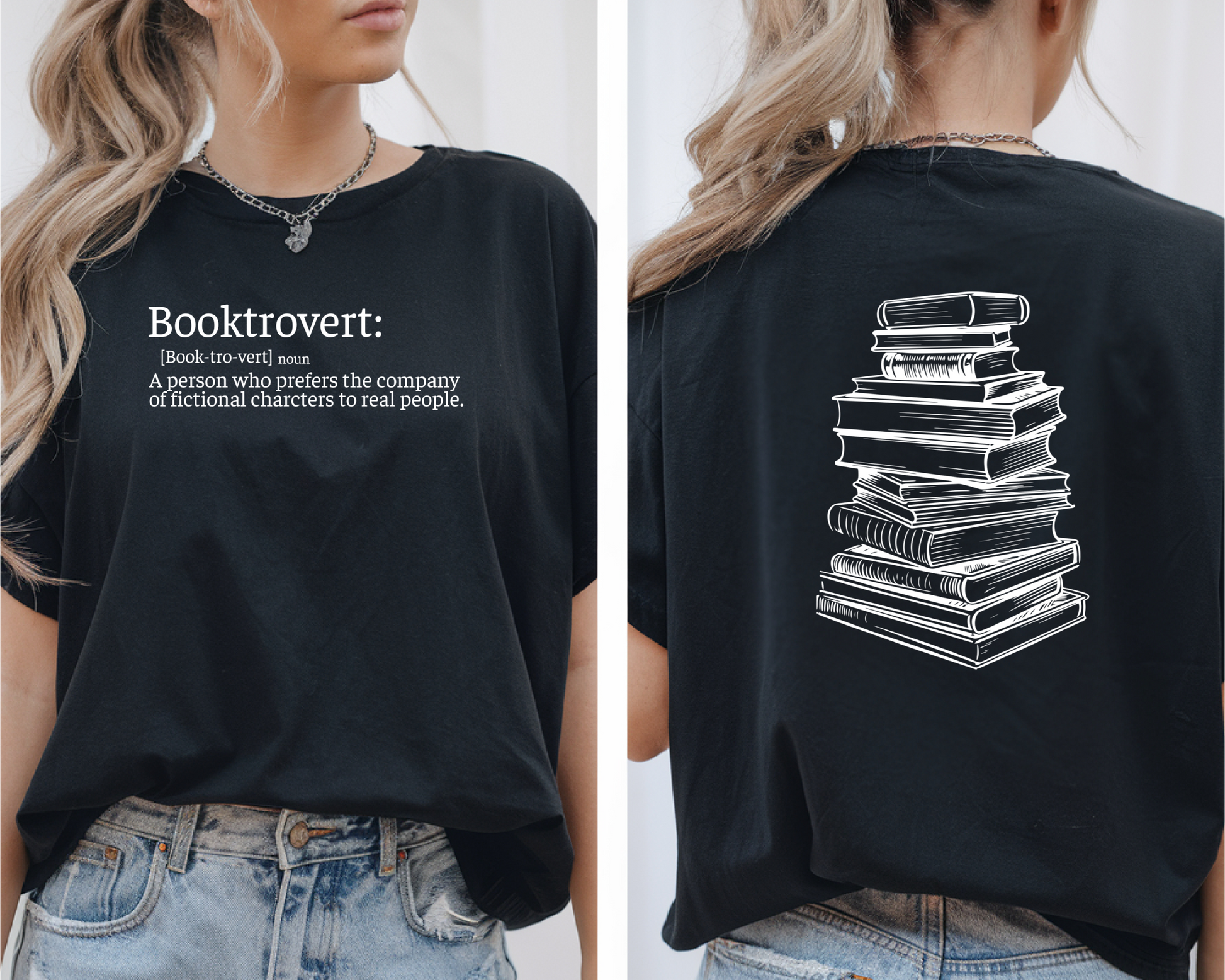On the front of this custom unisex short sleeve shirt is the word booktrovert with the definition of the word underneath, on the back of the shirt is an image of a large stack of books.