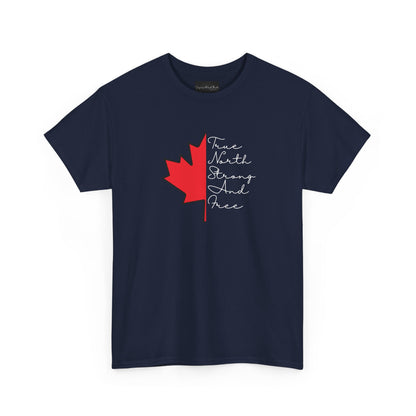 This custom handmade Canadian shirt comes with a maple leaf on the front center of the shirt, the words true north strong and free are in cursive on the other side of the maple leaf.