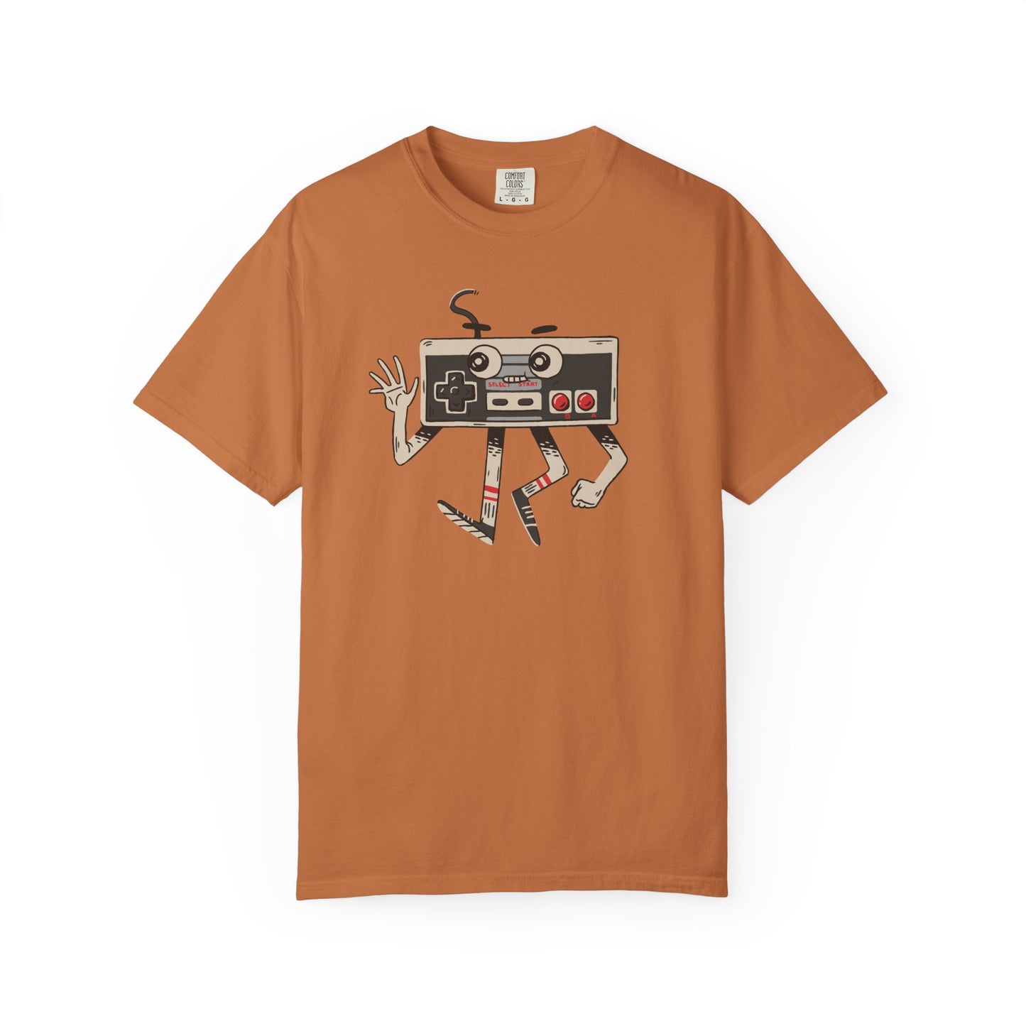 On the front of this custom vintage gaming short sleeve shirt is an image of a old school Nintendo controller, the controller has arms and legs and a face that makes it look like a cartoon character.