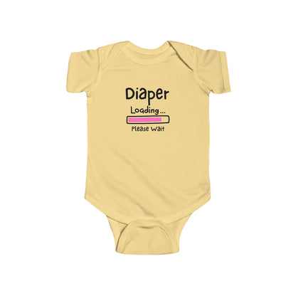 On the front of this custom infant onesie are the words Diaper loading please wait with an image of a battery life bar in pink.