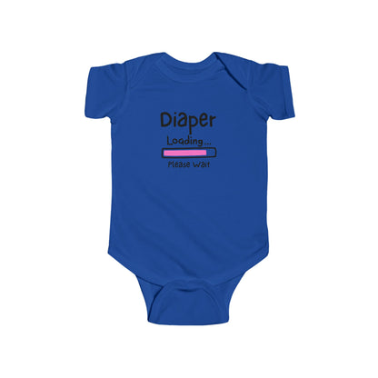 On the front of this custom infant onesie are the words Diaper loading please wait with an image of a battery life bar in pink.