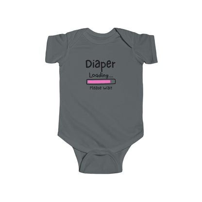 On the front of this custom infant onesie are the words Diaper loading please wait with an image of a battery life bar in pink.