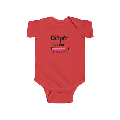 On the front of this custom infant onesie are the words Diaper loading please wait with an image of a battery life bar in pink.
