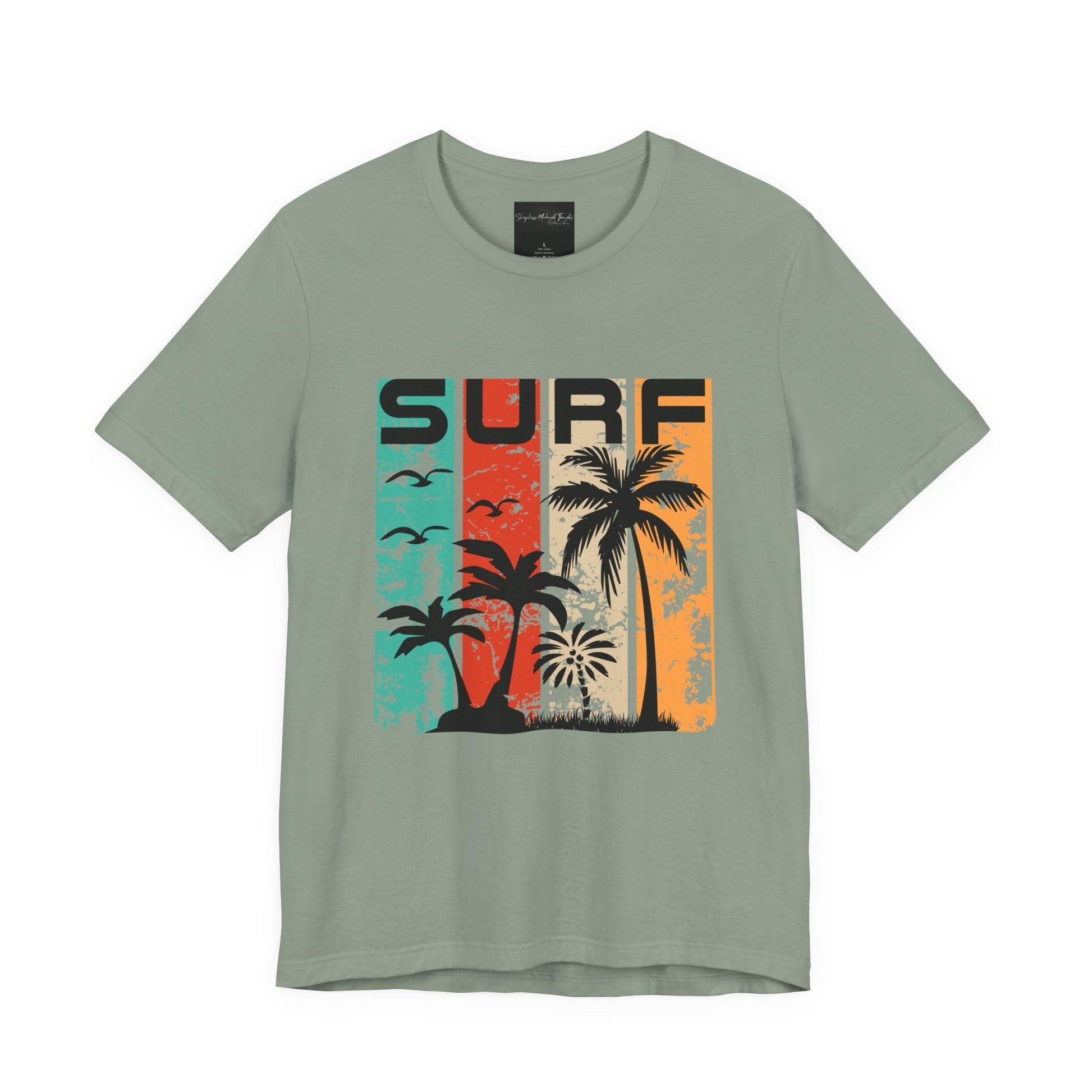 On the front of this custom vacation shirt is the word SURF in large letters at the top of the shirt, each letter has a different colored line through it to the bottom, there are images of palm trees and birds flying underneath the word.
