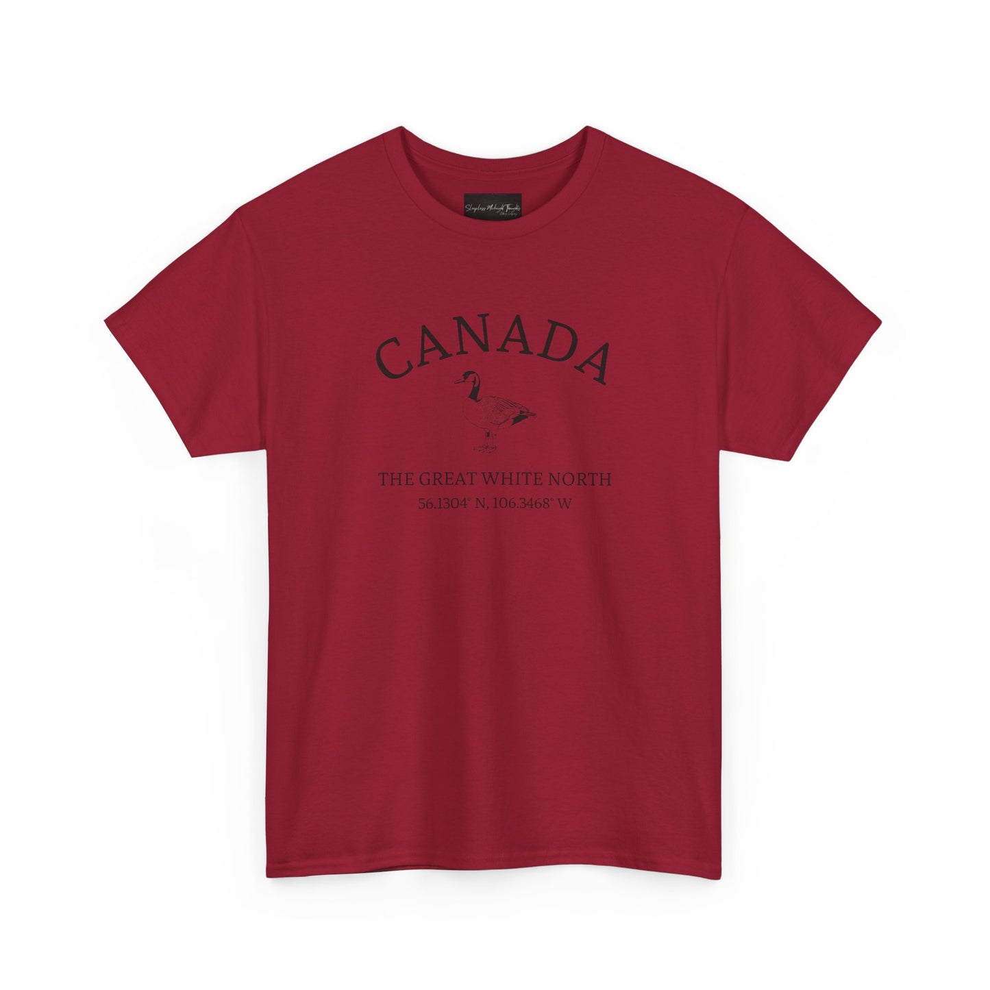 On the front of this patriotic short sleeve shirt is an image of a Canadian Goose with the word Canada above it in a half circle, the words "The Great White North" are underneath the image with Canada's coordinates underneath that.