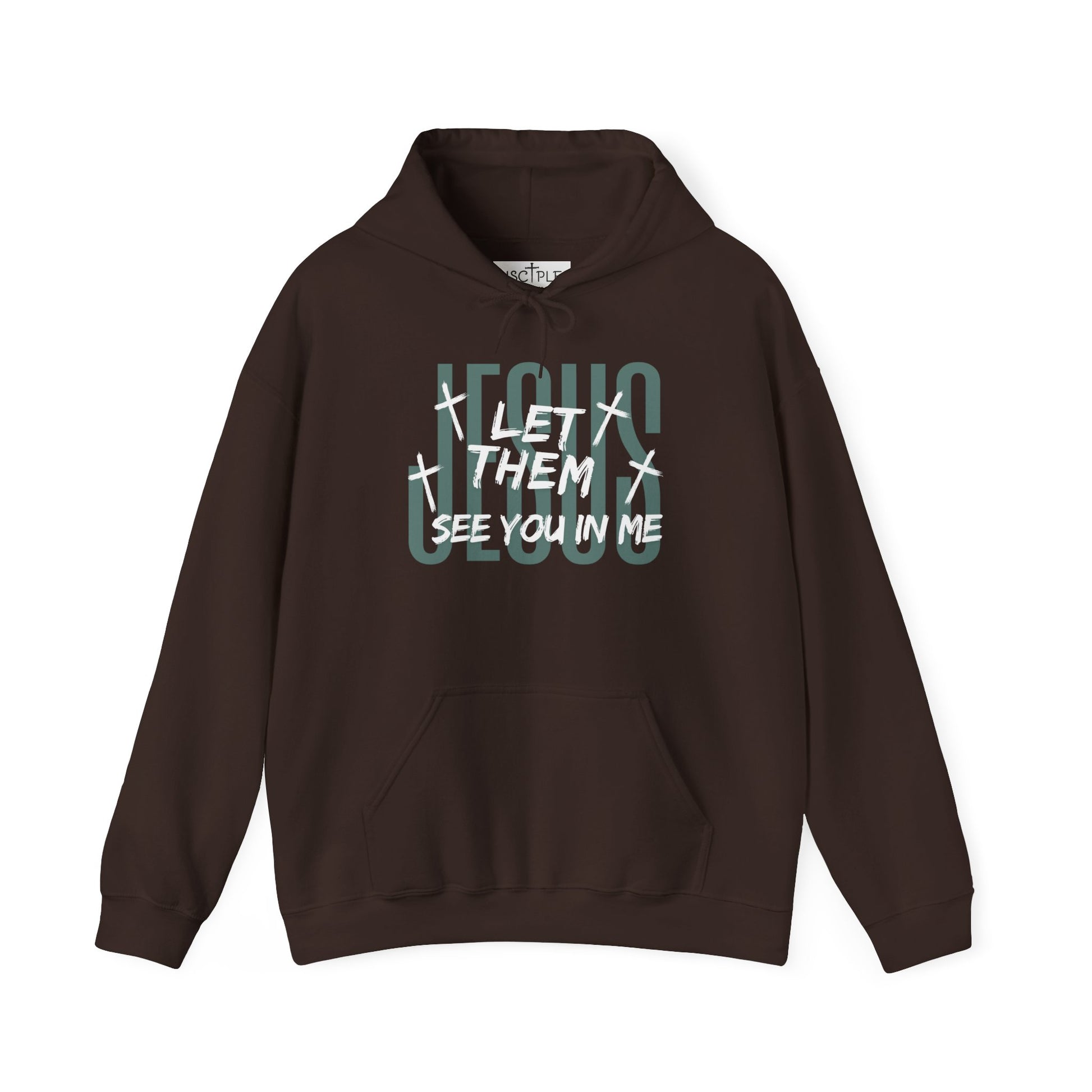 On the front of this custom Christian hoodie it says Jesus in large letters with the words Let them see you in me overlayed overtop of Jesus, there are crosses around the wording.