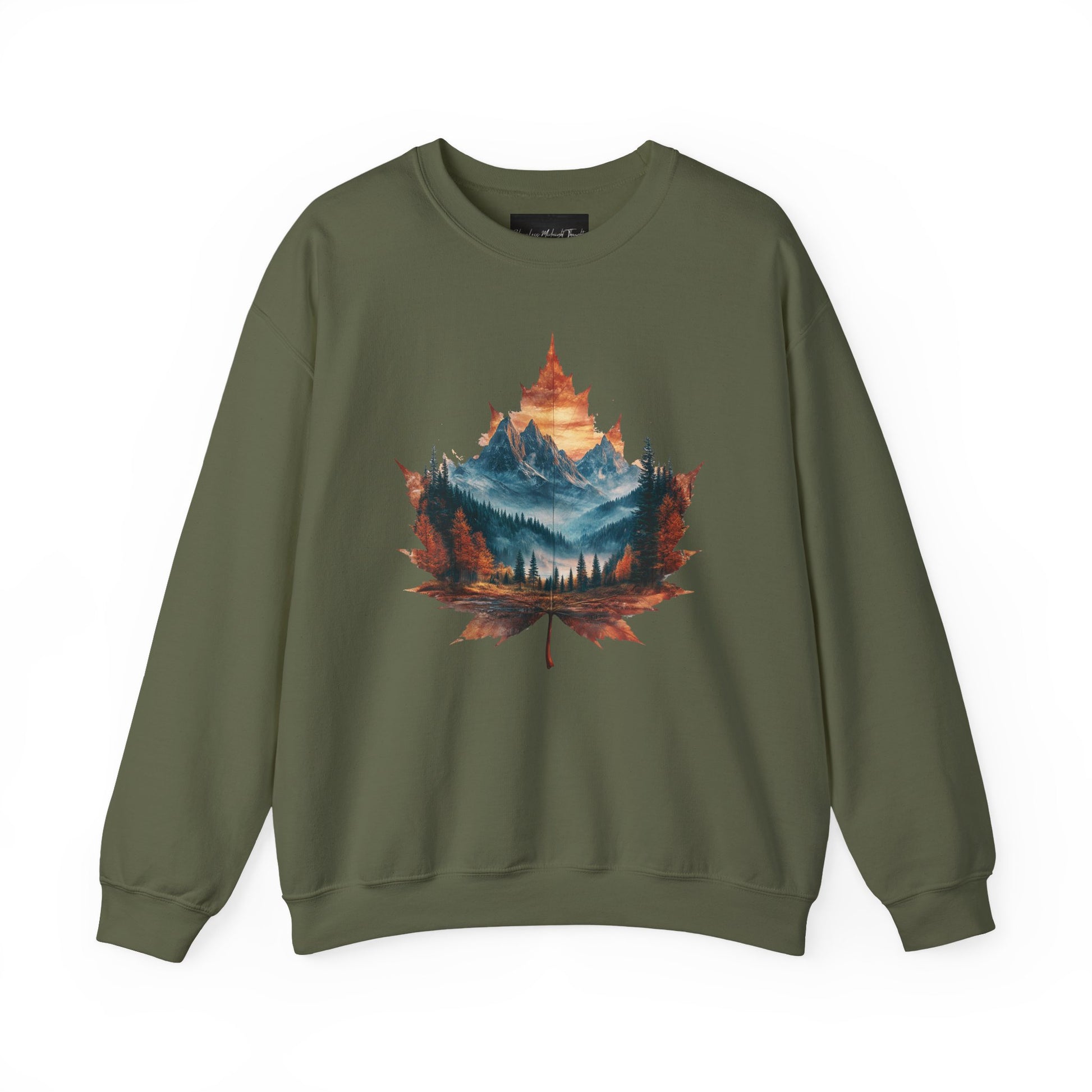 On the front of this Canadian pride sweatshirt is a large maple leaf with the inside of the leaf having a picture of the Rocky Mountains in the fall time.