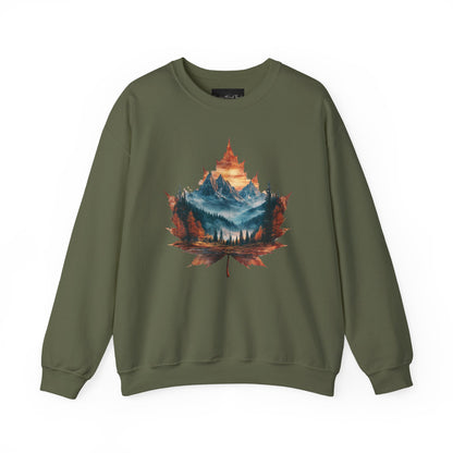 On the front of this Canadian pride sweatshirt is a large maple leaf with the inside of the leaf having a picture of the Rocky Mountains in the fall time.