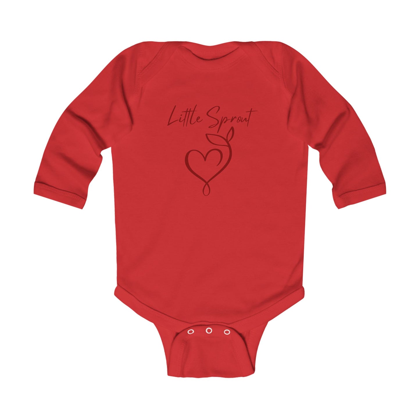 This adorable super soft infant onesie features the words 'little sprout' with a heart and two leaf stem design on the front, creating a cute and playful vibe.