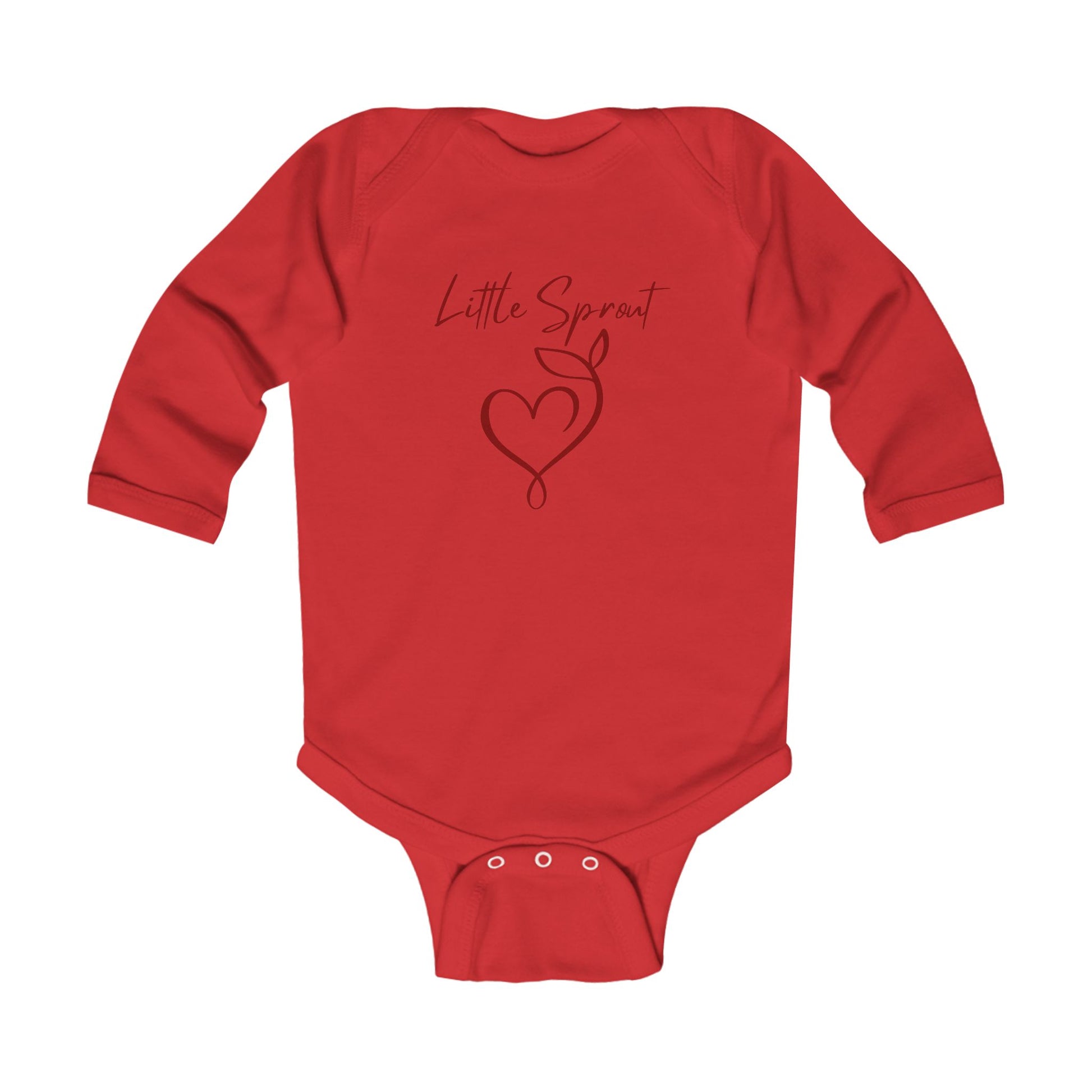 This adorable super soft infant onesie features the words 'little sprout' with a heart and two leaf stem design on the front, creating a cute and playful vibe.