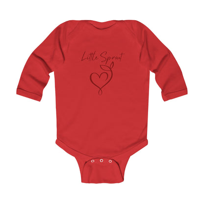 This adorable super soft infant onesie features the words 'little sprout' with a heart and two leaf stem design on the front, creating a cute and playful vibe.