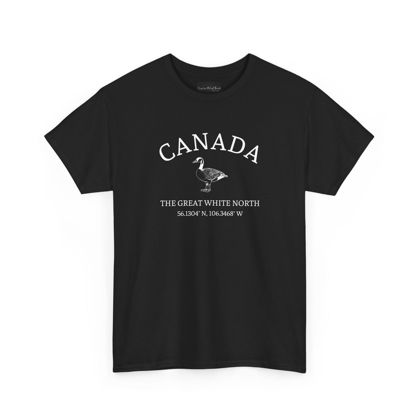 On the front of this patriotic short sleeve shirt is an image of a Canadian Goose with the word Canada above it in a half circle, the words "The Great White North" are underneath the image with Canada's coordinates underneath that.