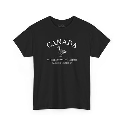 On the front of this patriotic short sleeve shirt is an image of a Canadian Goose with the word Canada above it in a half circle, the words "The Great White North" are underneath the image with Canada's coordinates underneath that.
