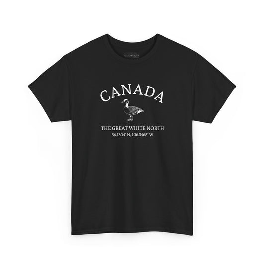 On the front of this patriotic short sleeve shirt is an image of a Canadian Goose with the word Canada above it in a half circle, the words "The Great White North" are underneath the image with Canada's coordinates underneath that.