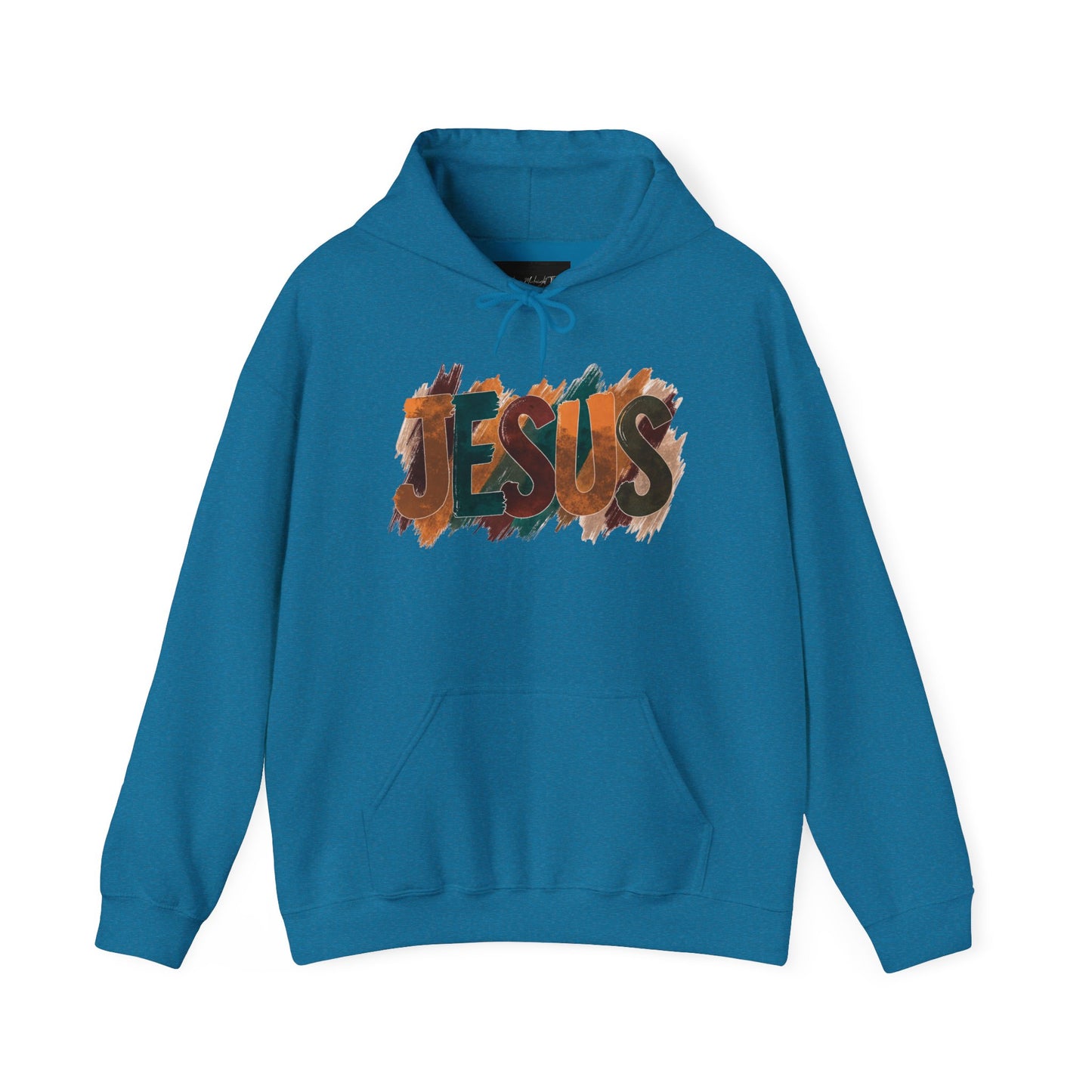 On the front of this Christian hoodie is the name Jesus is large bubble letters with each letter being a different Autumn color, this sweater is perfect for fall time.