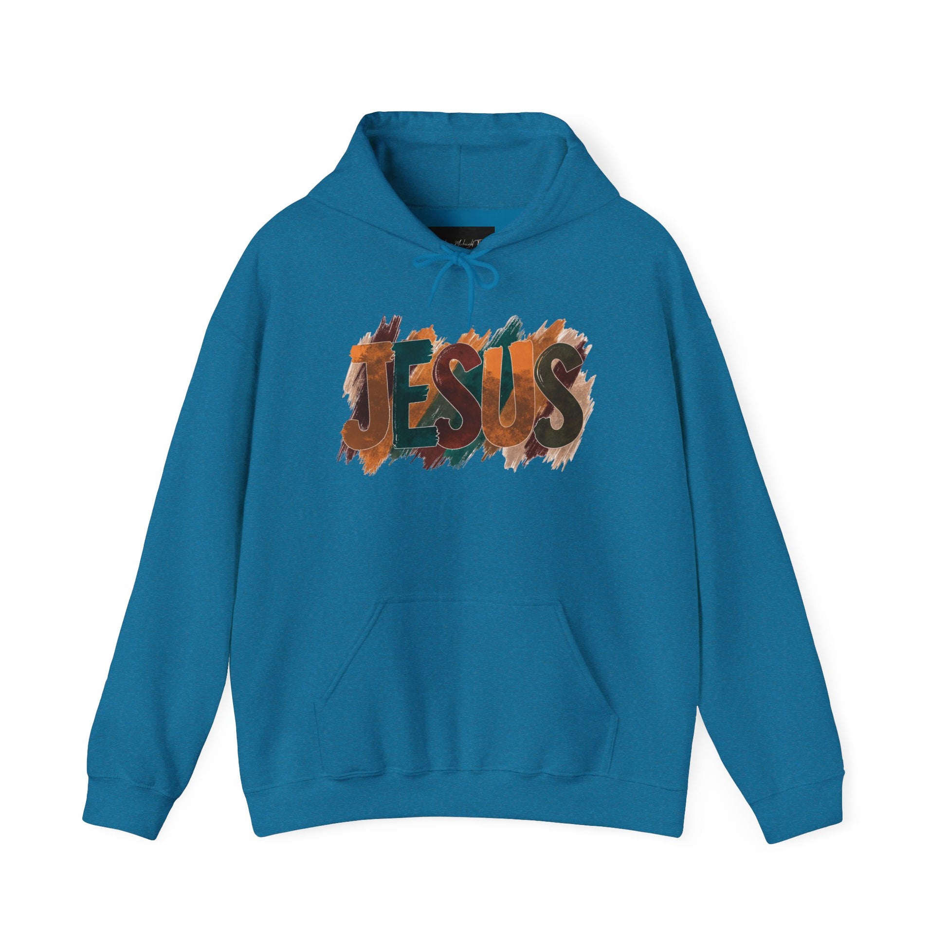 On the front of this Christian hoodie is the name Jesus is large bubble letters with each letter being a different Autumn color, this sweater is perfect for fall time.