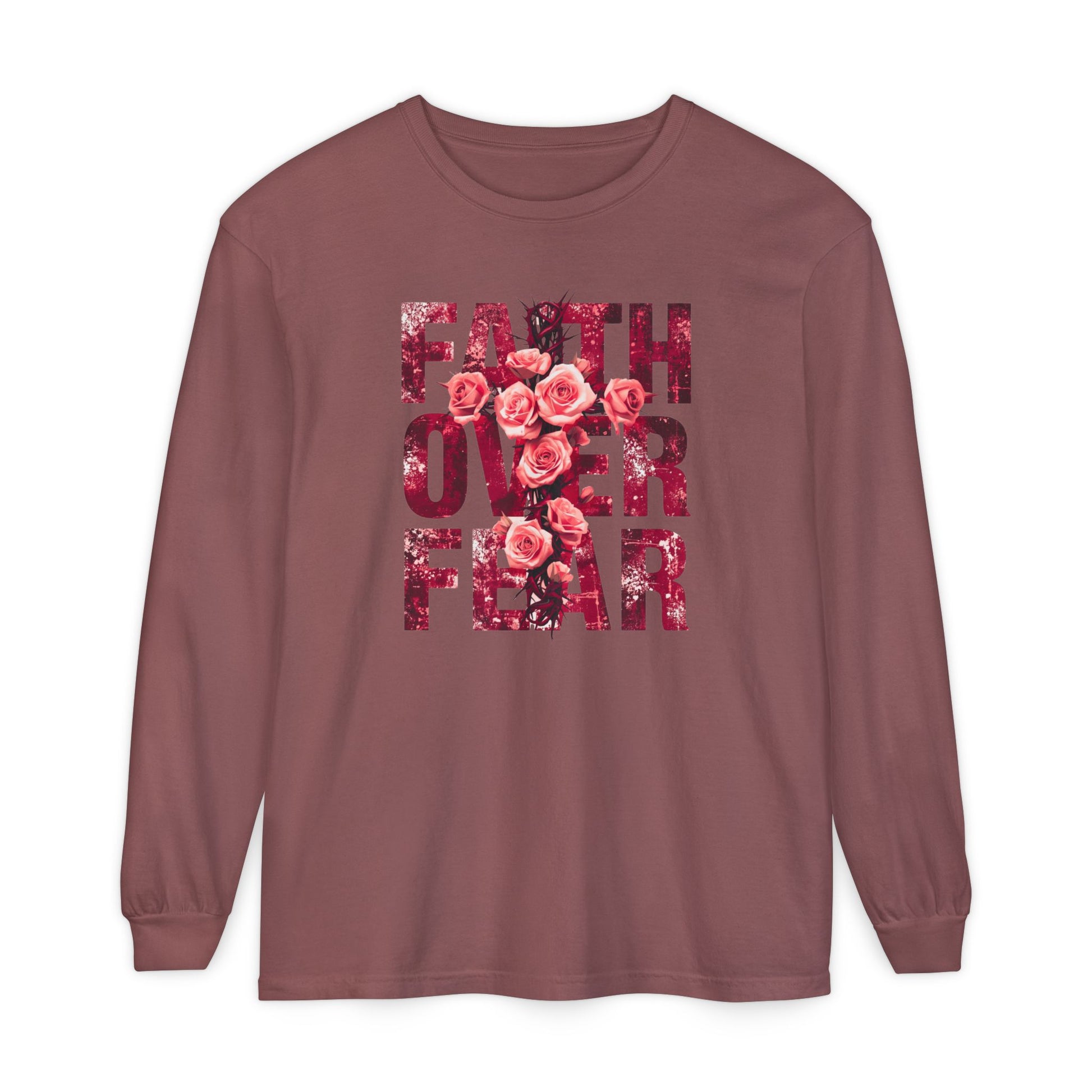 On the front of this Christian vintage long sleeve shirt are the words Faith Over Fear in large block letters with a cross made of thorns in the middle that is covered in roses.