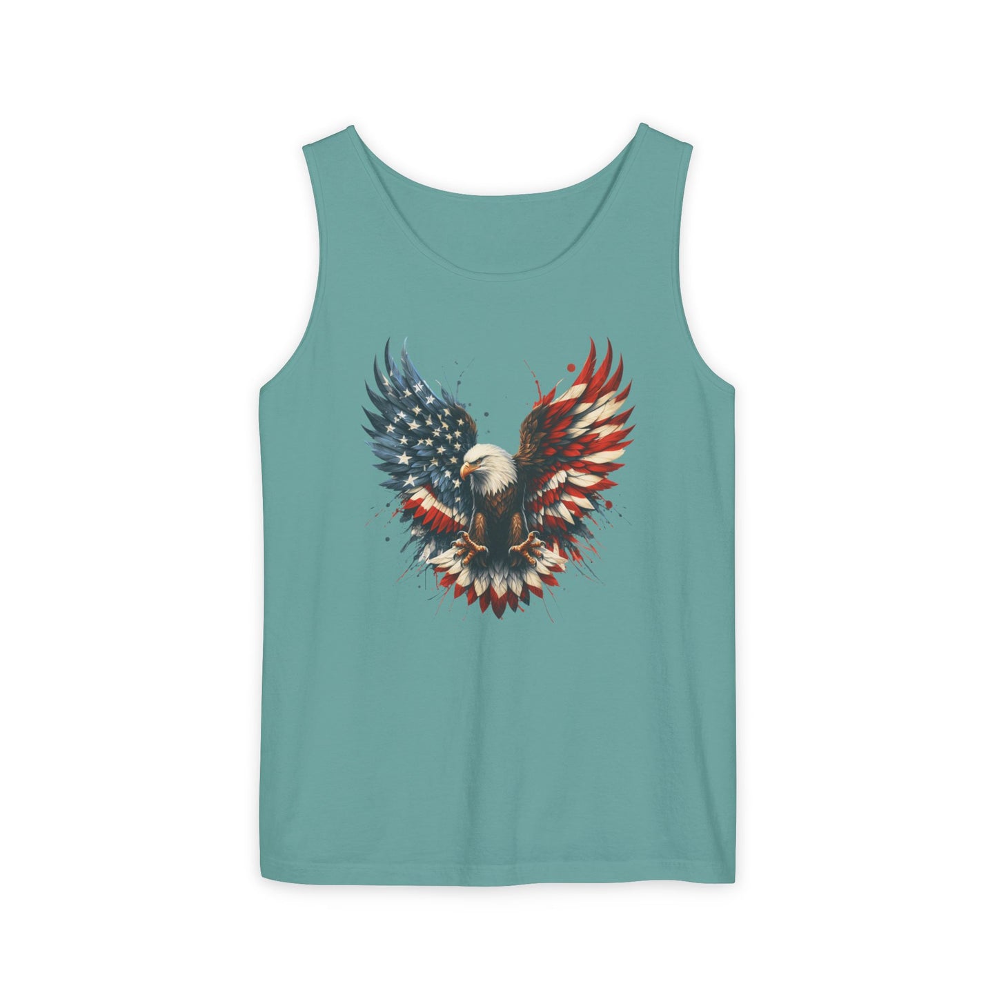 On the front of this unisex tank top is an image of an American Bald Eagle with it's wings out, the feathers of the bald eagle are the colors of the American flag being red, white and blue, there are also stars on one side of the eagle’s wings.