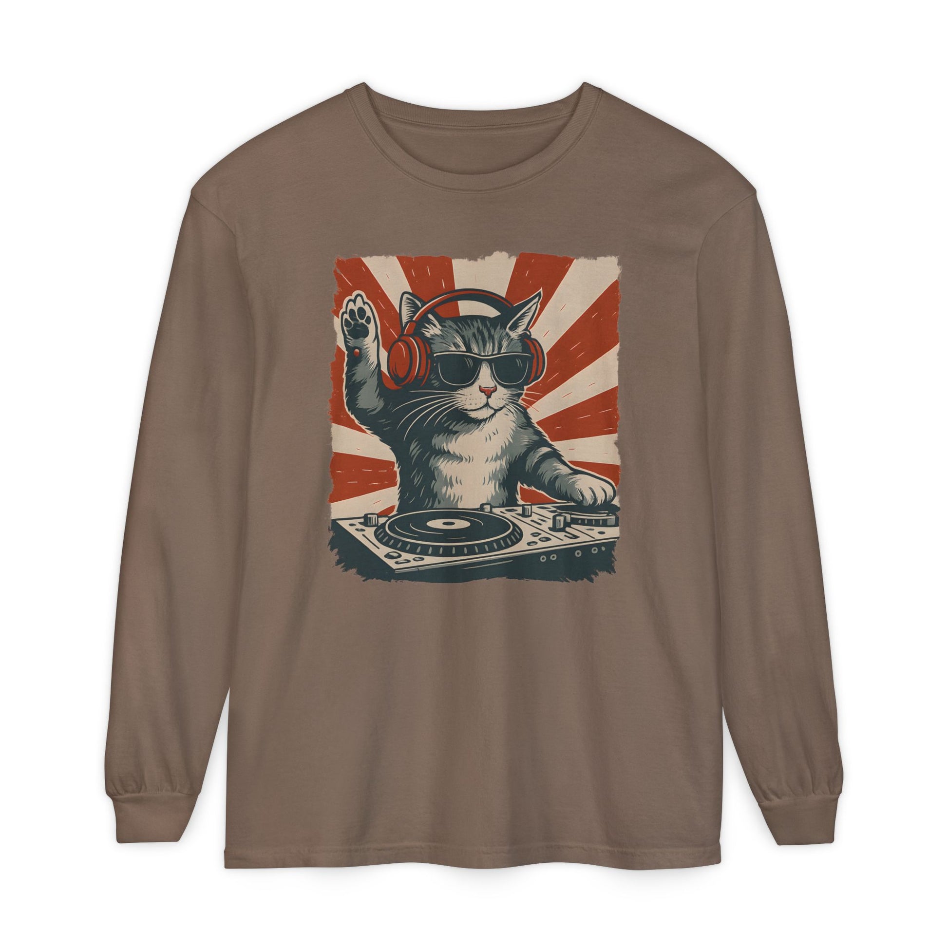 On the front of this custom retro long sleeve shirt is a DJ playing music, except the DJ is a cat that is wearing headphones, there is a vintage red and ivory background behind the cat.