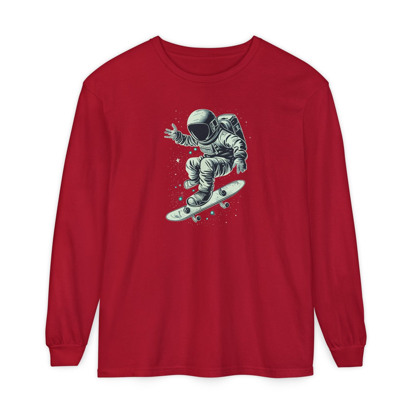 On the front of this custom unisex long sleeve shirt is an image of an astronaut riding a skateboard, there are a bunch of stars around the astronaut.