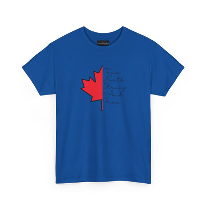 This custom handmade Canadian shirt comes with a maple leaf on the front center of the shirt, the words true north strong and free are in cursive on the other side of the maple leaf.